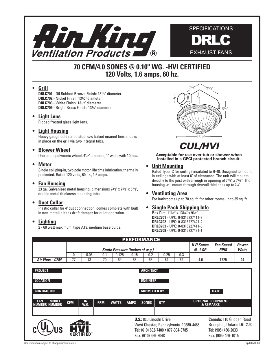 Air King Exhaust Fan with Light DRLC701 User Manual | 1 page