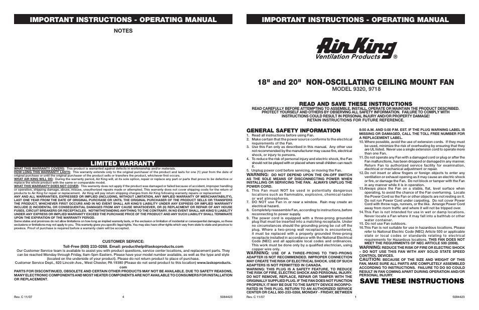 Air King 9320 User Manual | 2 pages