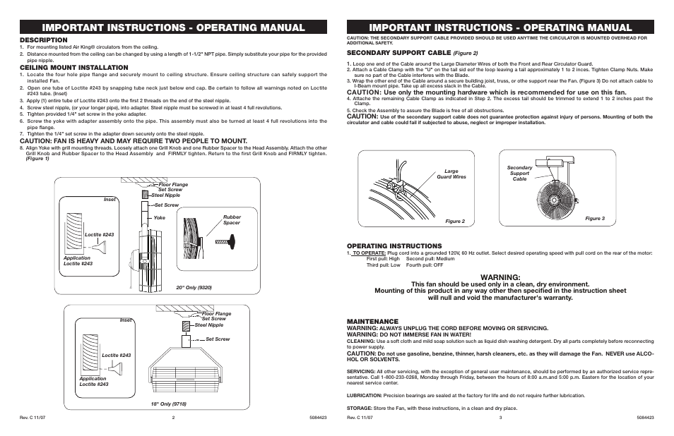Important instructions - operating manual, Warning, Secondary support cable | Caution, Operating instructions, Description, Ceiling mount installation | Air King 9320 User Manual | Page 2 / 2
