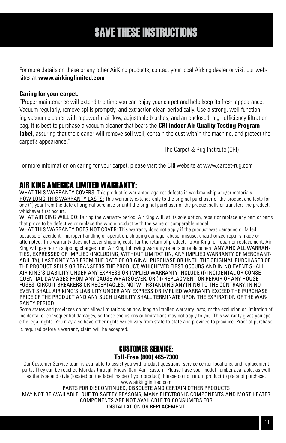 Save these instructions, Air king america limited warranty, Customer service | Air King CVS-11T User Manual | Page 11 / 12