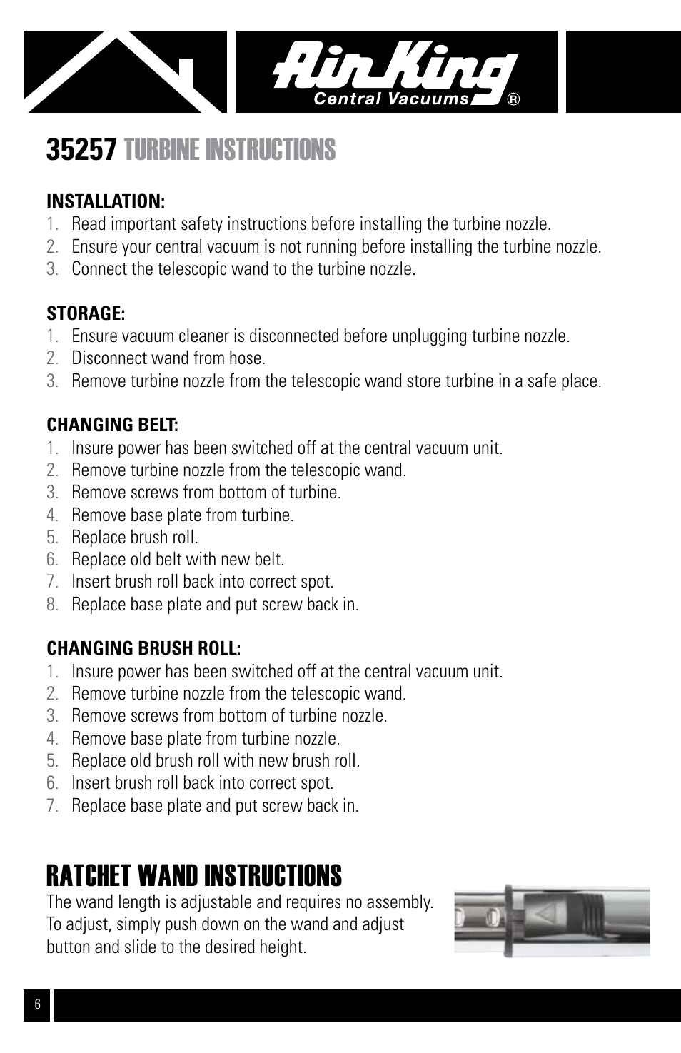 Ratchet wand instructions | Air King CVS-11T User Manual | Page 6 / 12