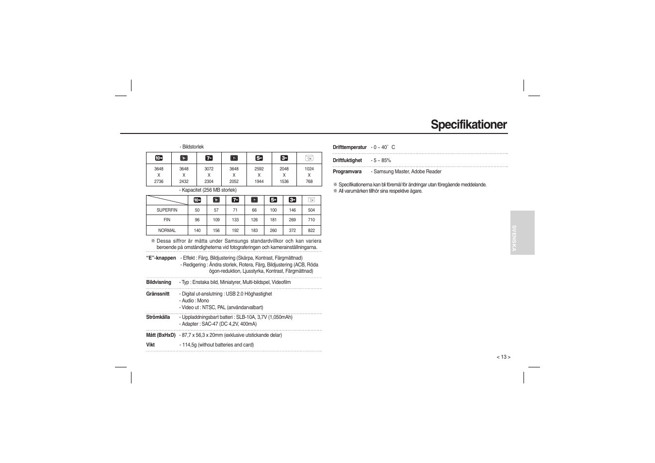 Specifikationer | Samsung L200 User Manual | Page 62 / 98