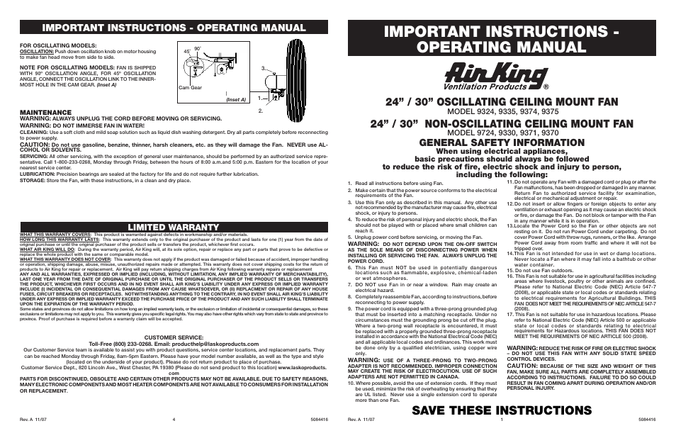 Air King NON-OSCILLATING 9371 User Manual | 2 pages