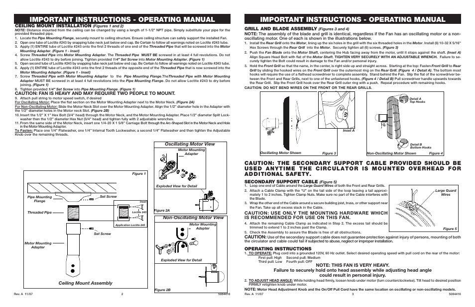 Important instructions - operating manual, Oscillating motor view, Ceiling mount installation | Grill and blade assembly, Operating instructions, Secondary support cable, Caution, Non-oscillating motor view ceiling mount assembly | Air King NON-OSCILLATING 9371 User Manual | Page 2 / 2