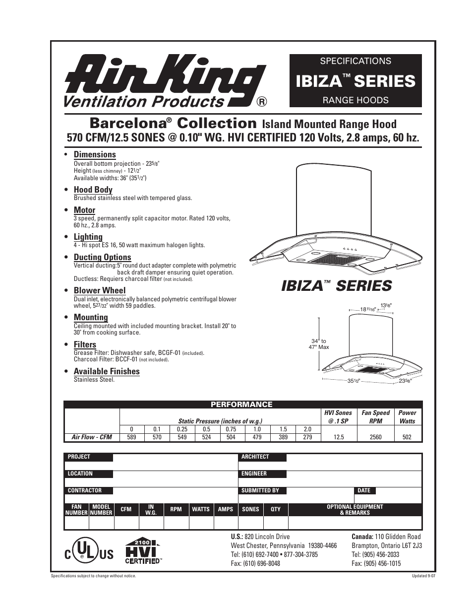 Air King RANGE HOODS IBIZA SERIES User Manual | 1 page