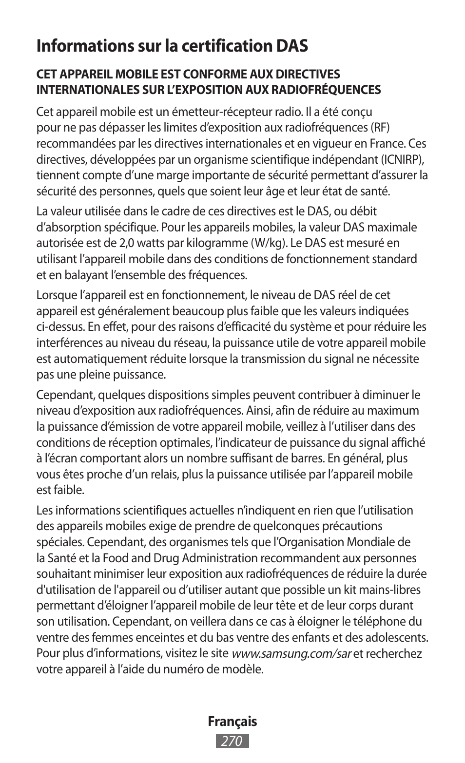 Informations sur la certification das | Samsung GT-I9300I User Manual | Page 271 / 748