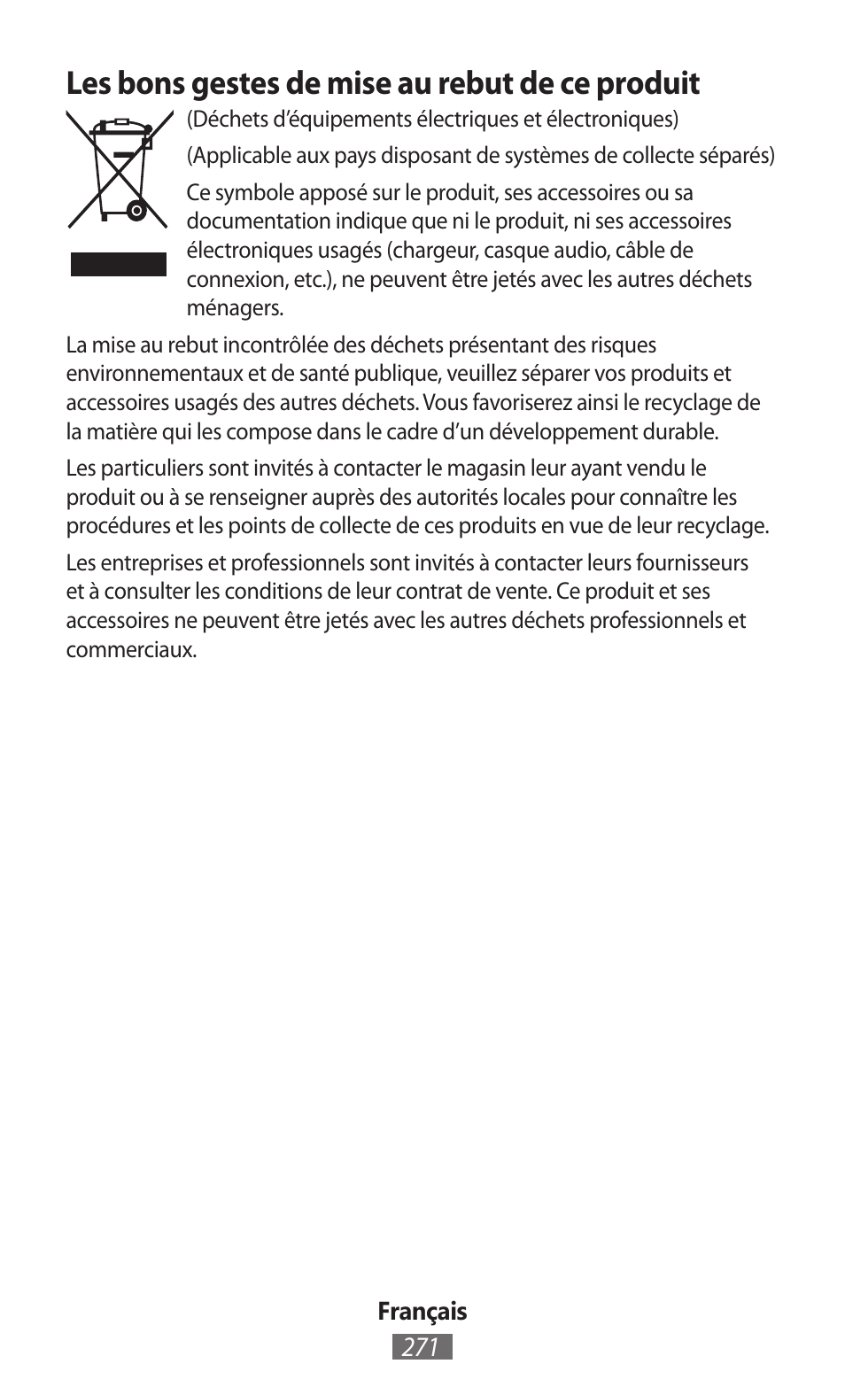 Les bons gestes de mise au rebut de ce produit | Samsung GT-I9300I User Manual | Page 272 / 748