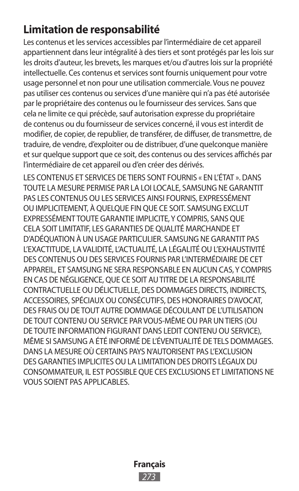 Limitation de responsabilité | Samsung GT-I9300I User Manual | Page 274 / 748