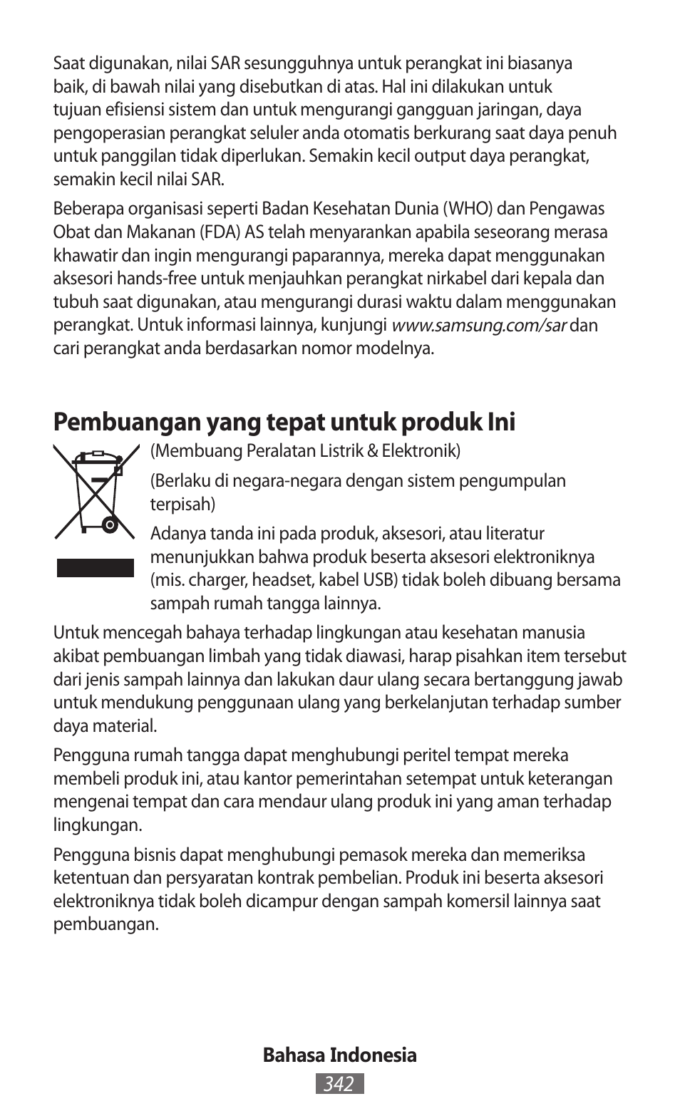 Pembuangan yang tepat untuk produk ini | Samsung GT-I9300I User Manual | Page 343 / 748