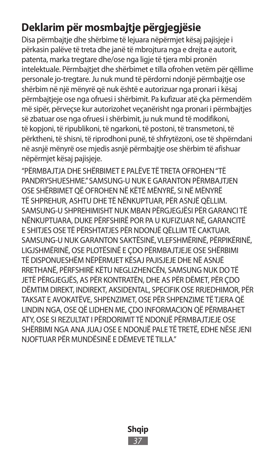 Deklarim për mosmbajtje përgjegjësie | Samsung GT-I9300I User Manual | Page 38 / 748