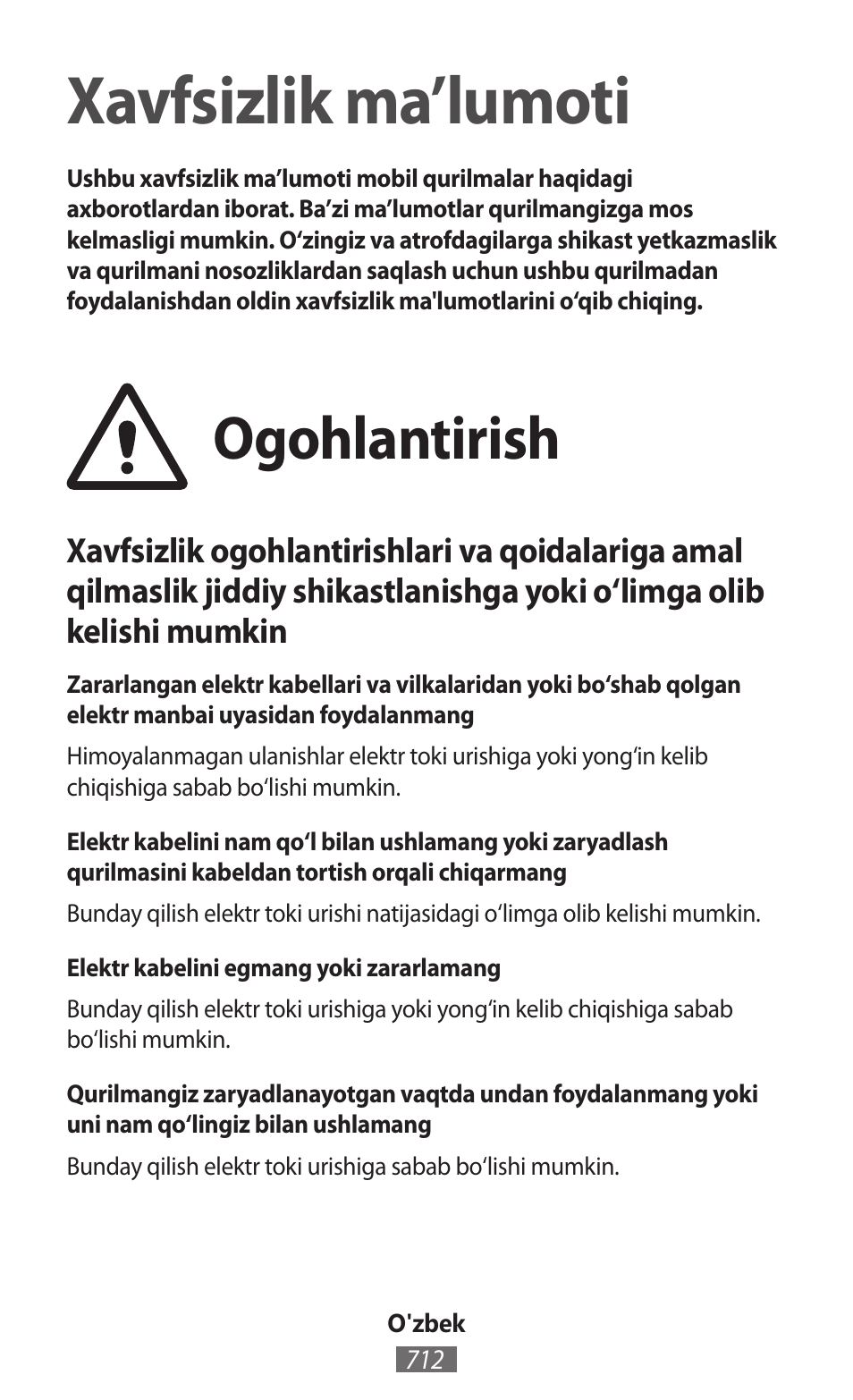 O'zbek, Xavfsizlik ma’lumoti, Ogohlantirish | Samsung GT-I9300I User Manual | Page 713 / 748