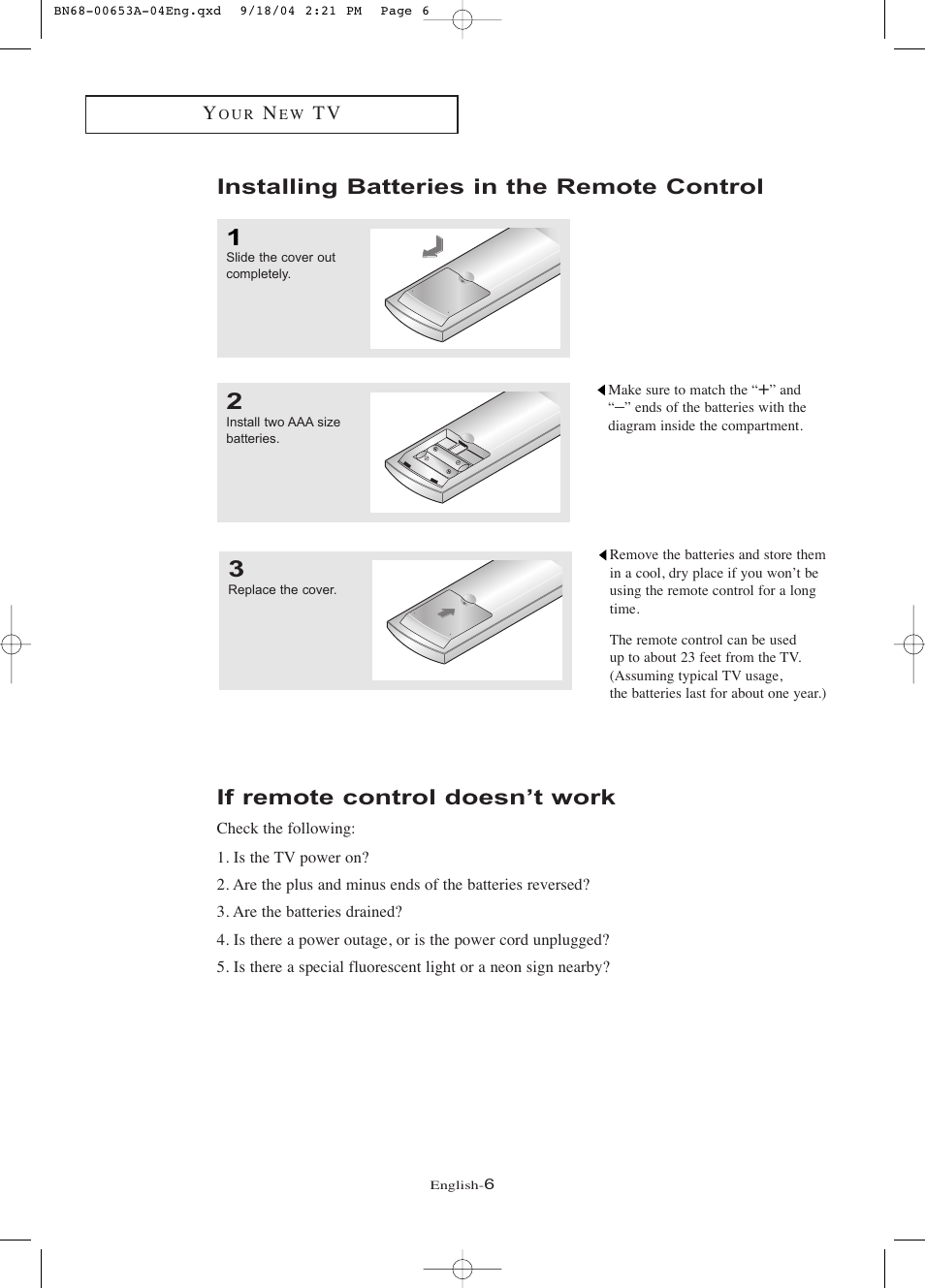 Installing batteries in the remote control, If remote control doesn’t work | Samsung LTP326WX-XAA User Manual | Page 11 / 91