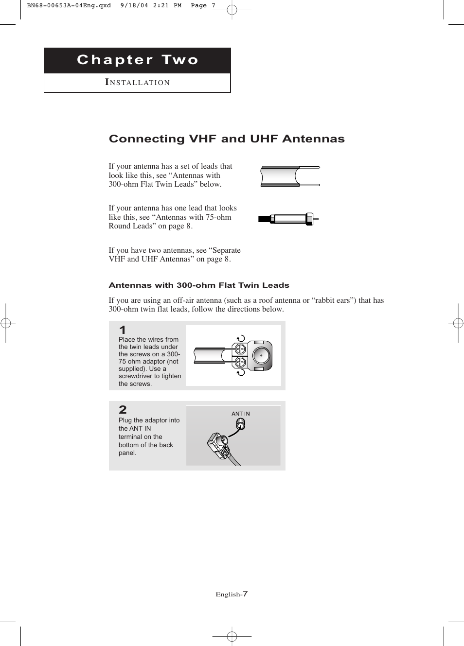 Chapter 2: installation, Connecting vhf and uhf antennas, Antennas with 300-ohm flat twin leads | Samsung LTP326WX-XAA User Manual | Page 12 / 91