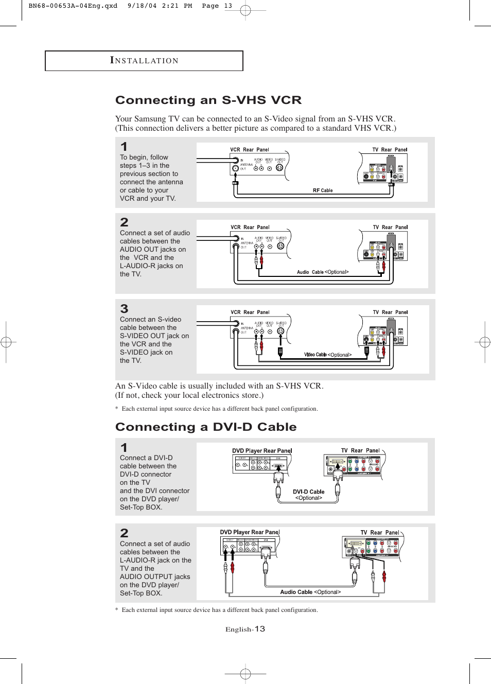 Connecting an s-vhs vcr, Connecting a dvi-d cable | Samsung LTP326WX-XAA User Manual | Page 18 / 91