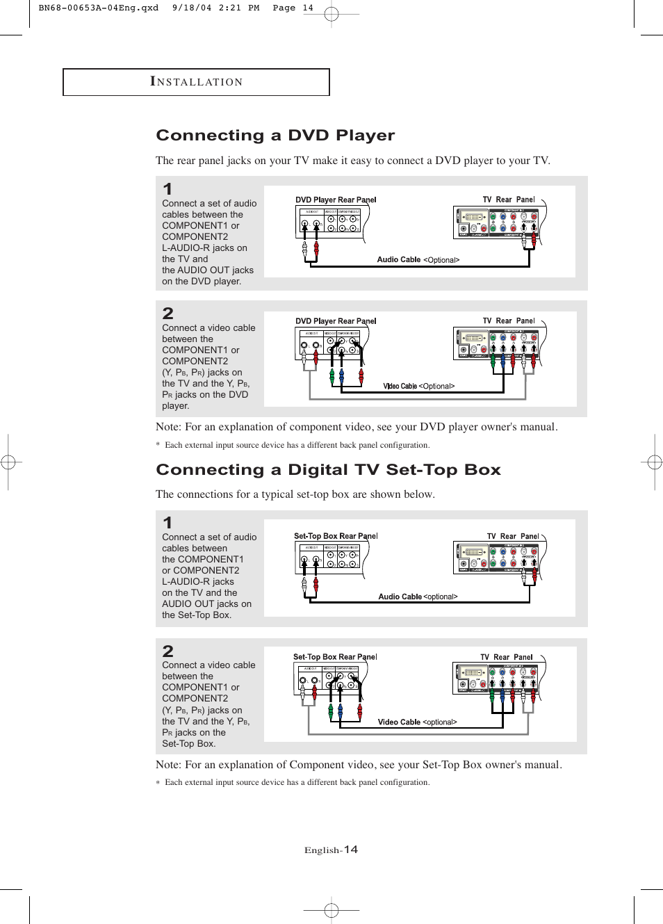 Connecting a dvd player, Connecting a digital tv set-top box | Samsung LTP326WX-XAA User Manual | Page 19 / 91