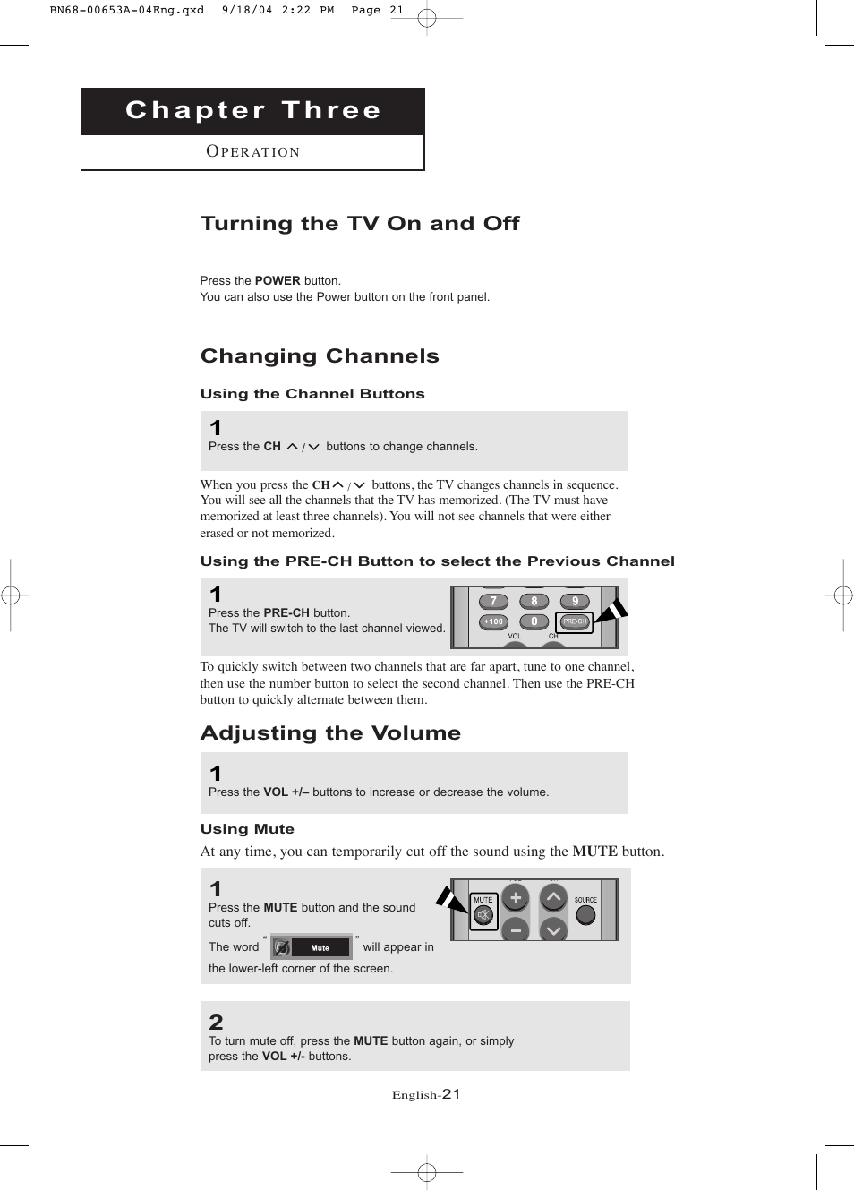 Chapter 3: operation, Changing channels, Using the channel buttons | Adjusting the volume, Using mute, Turning the tv on and off | Samsung LTP326WX-XAA User Manual | Page 26 / 91