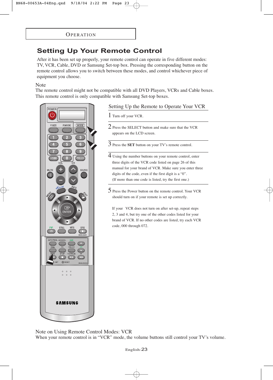 Setting up your remote control | Samsung LTP326WX-XAA User Manual | Page 28 / 91