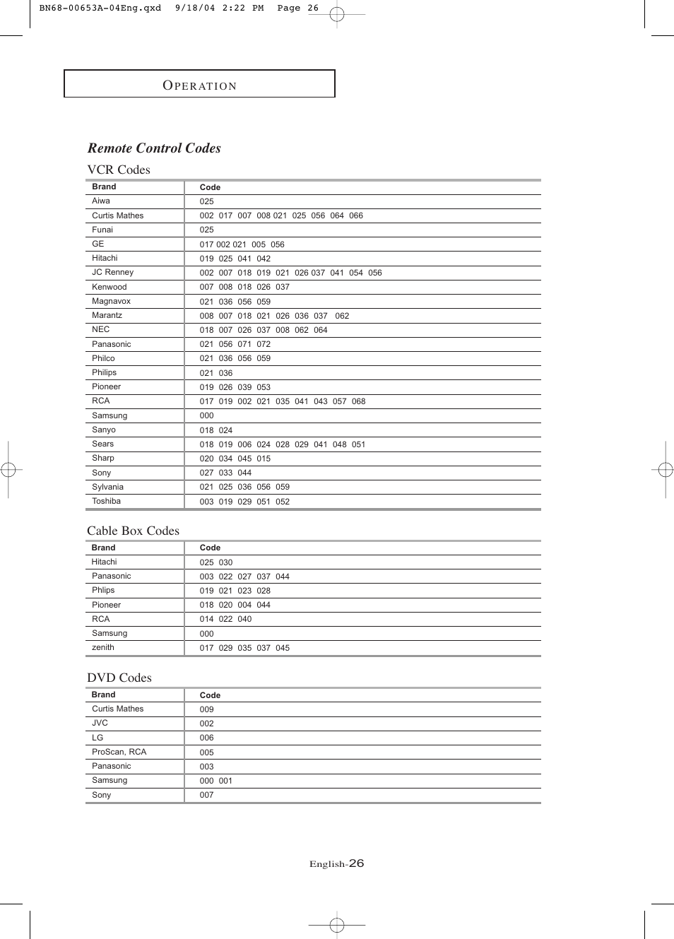 Remote control codes, Vcr codes, Cable box codes | Dvd codes | Samsung LTP326WX-XAA User Manual | Page 31 / 91