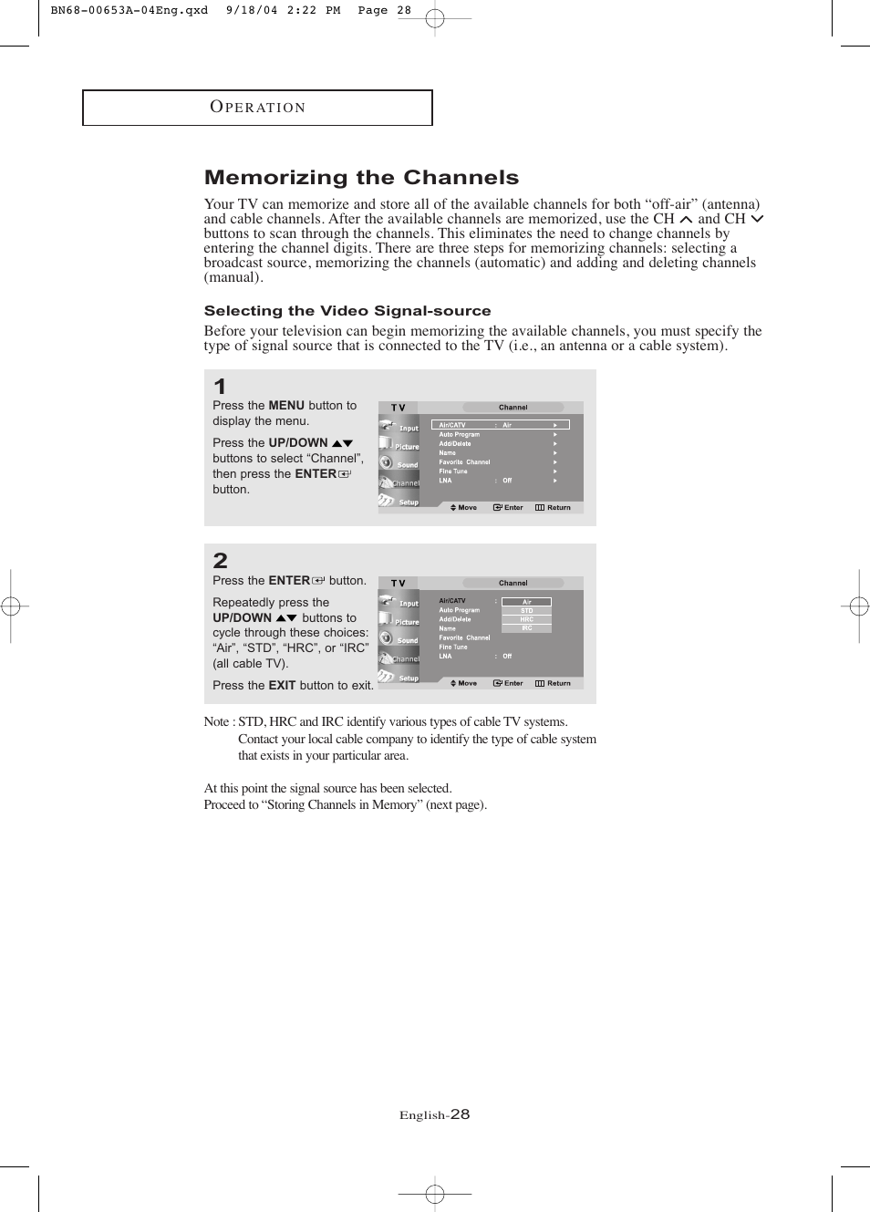 Memorizing the channels, Selecting the video signal-source | Samsung LTP326WX-XAA User Manual | Page 33 / 91