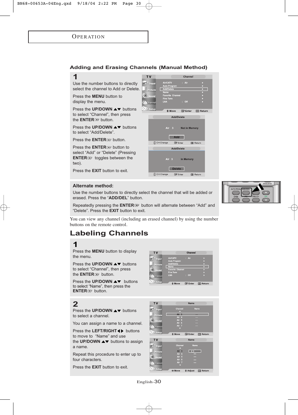 Adding and erasing channels (manual method), Labeling channels | Samsung LTP326WX-XAA User Manual | Page 35 / 91