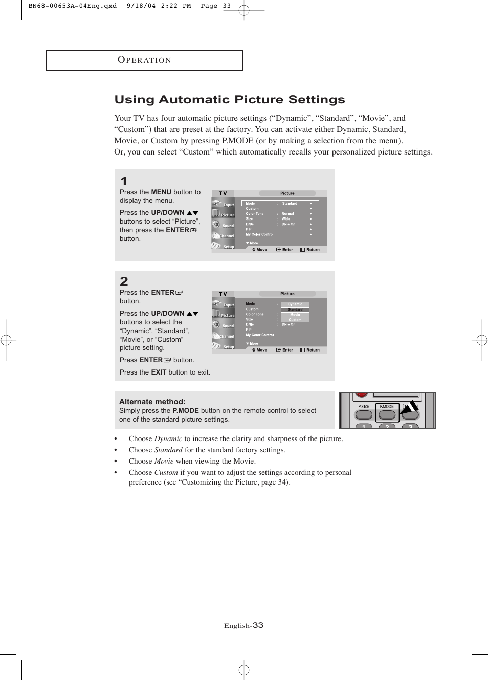 Using automatic picture settings | Samsung LTP326WX-XAA User Manual | Page 38 / 91