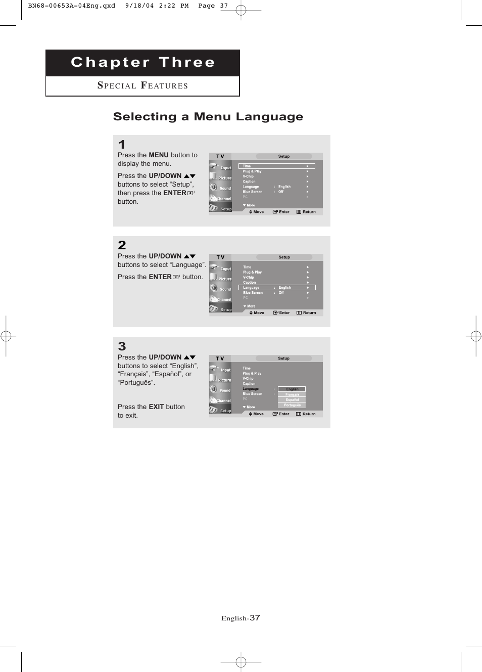 Chapter 4: special features, Selecting a menu language | Samsung LTP326WX-XAA User Manual | Page 42 / 91