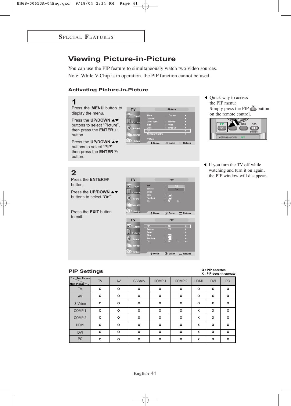 Viewing picture-in-picture, Activating picture-in-picture | Samsung LTP326WX-XAA User Manual | Page 46 / 91