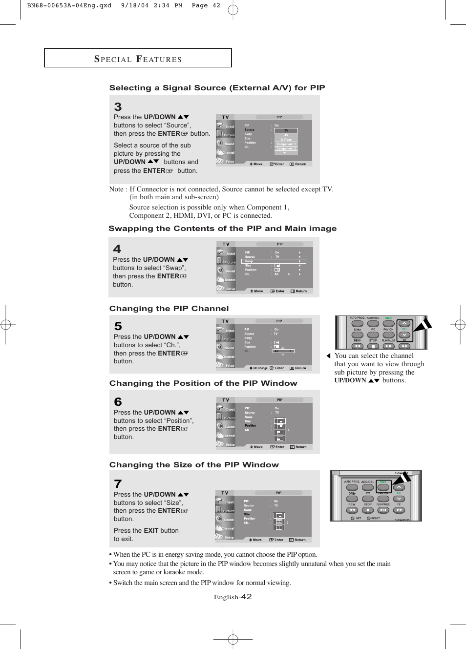 Selecting a signal source (external a/v) for pip, Swapping the contents of the pip and main image, Changing the pip channel | Changing the location of the pipwindow, Changing the size of the pipwindow | Samsung LTP326WX-XAA User Manual | Page 47 / 91
