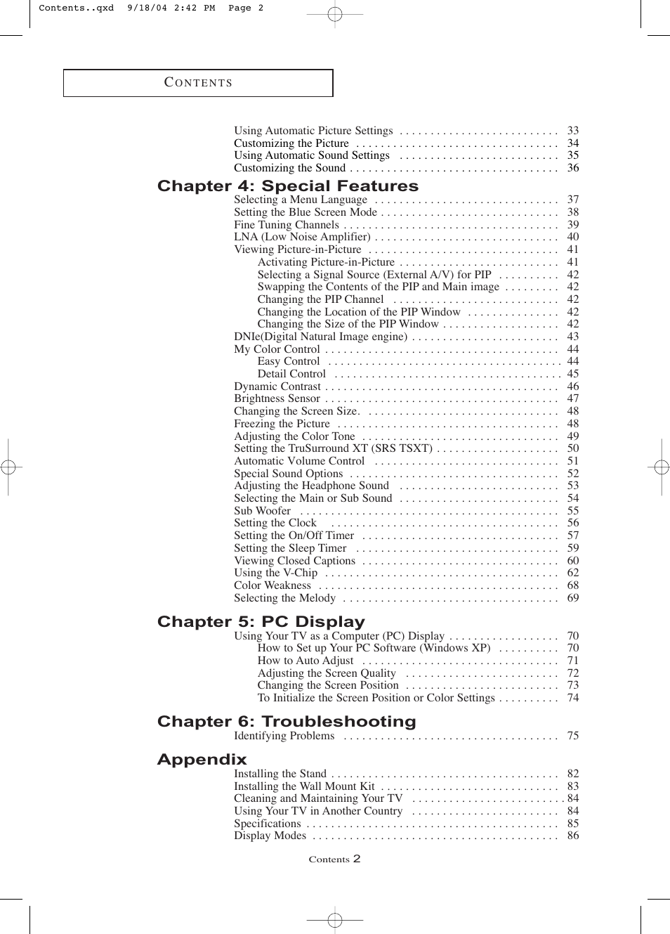 Chapter 4: special features, Chapter 5: pc display, Chapter 6: troubleshooting | Appendix | Samsung LTP326WX-XAA User Manual | Page 5 / 91