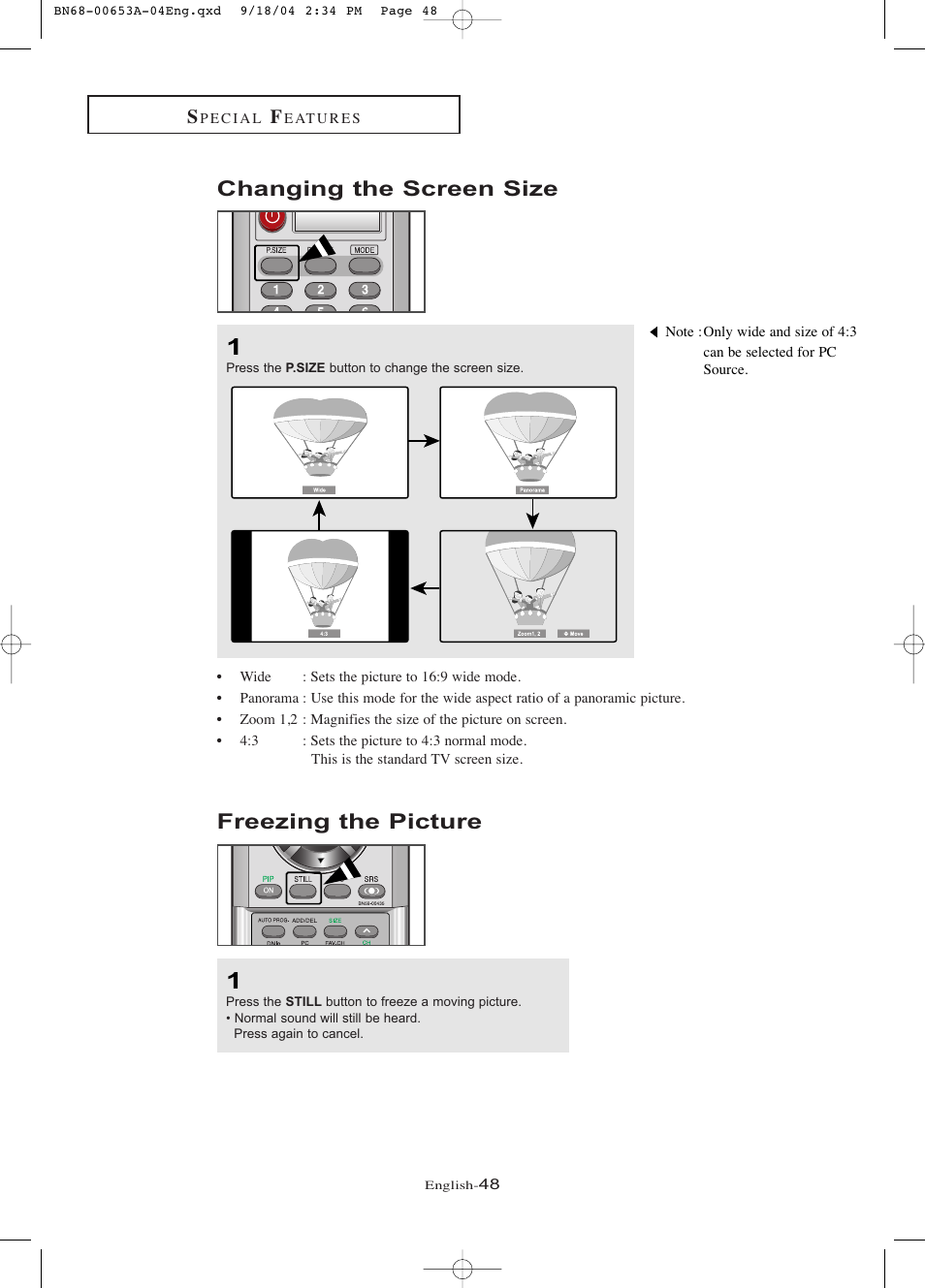Changing the screen size, Freezing the picture | Samsung LTP326WX-XAA User Manual | Page 53 / 91