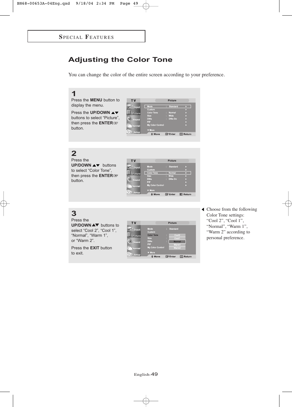 Adjusting the color tone | Samsung LTP326WX-XAA User Manual | Page 54 / 91