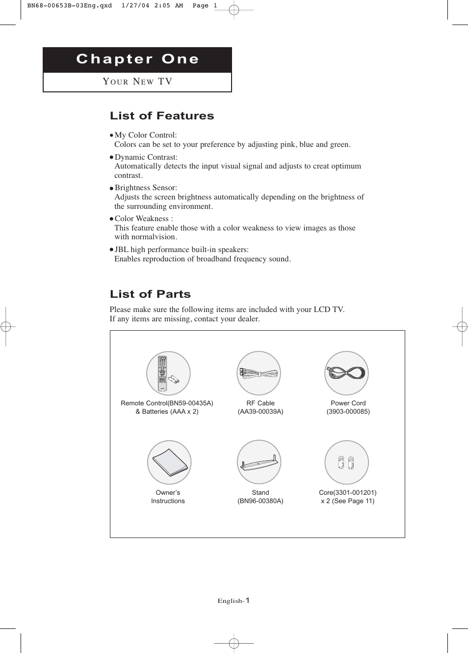 Chapter 1: your new tv, List of features, List of parts | Samsung LTP326WX-XAA User Manual | Page 6 / 91