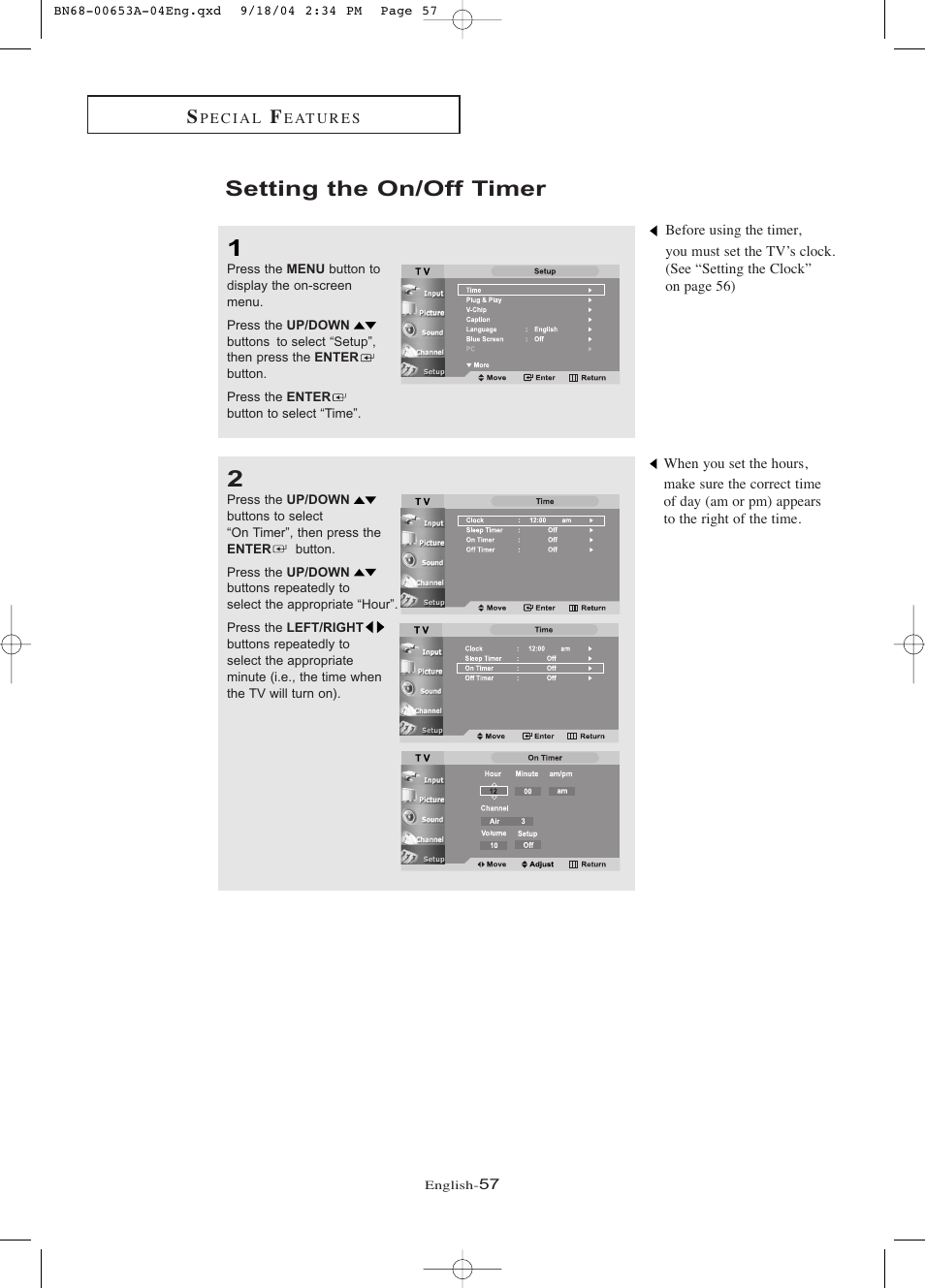 Setting the on/off timer | Samsung LTP326WX-XAA User Manual | Page 62 / 91