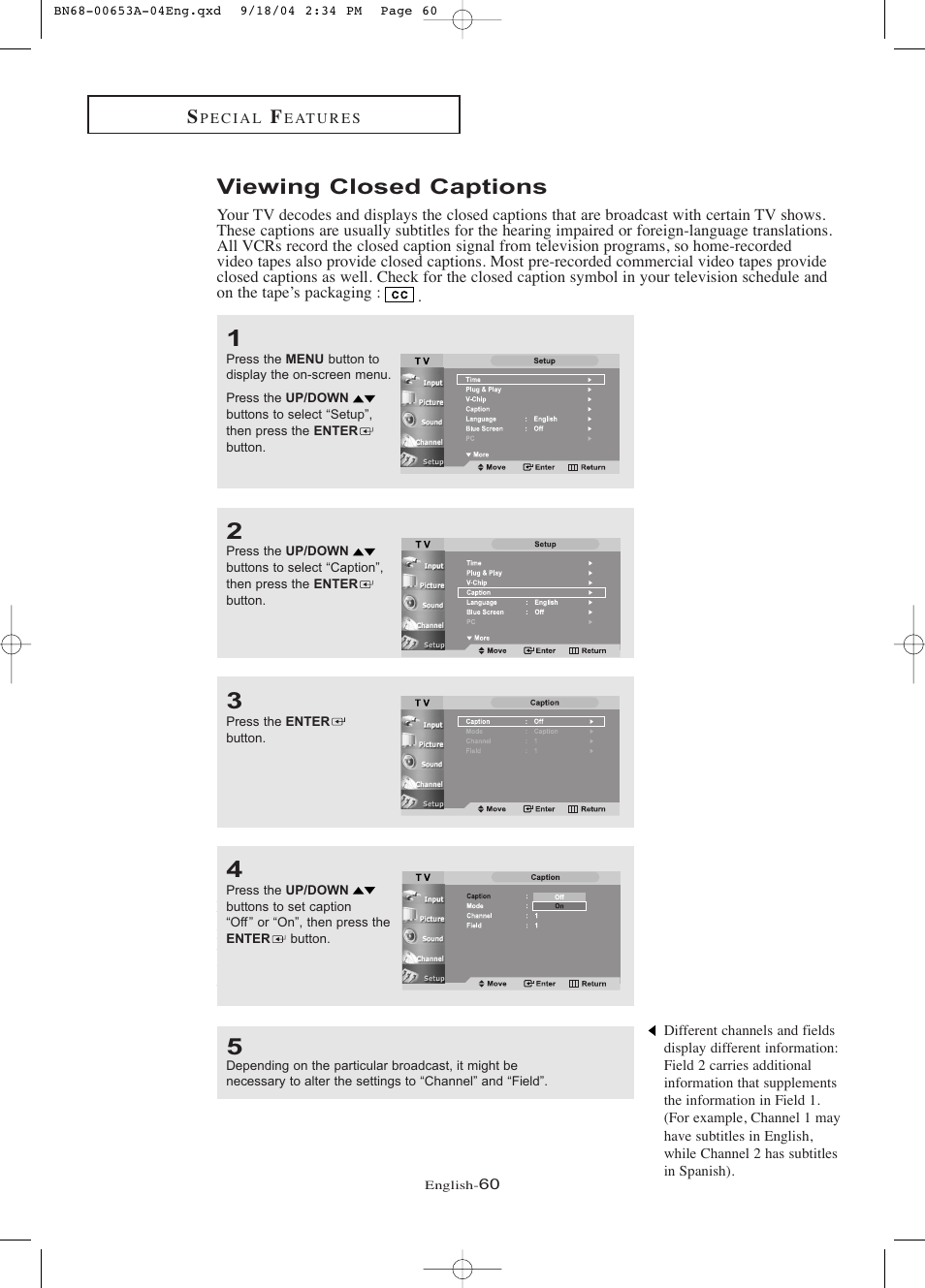 Viewing closed captions | Samsung LTP326WX-XAA User Manual | Page 65 / 91