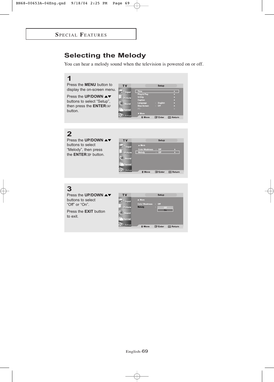 Selecting the melody | Samsung LTP326WX-XAA User Manual | Page 74 / 91