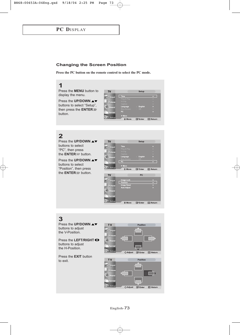 Changing the screen position, P c d | Samsung LTP326WX-XAA User Manual | Page 78 / 91