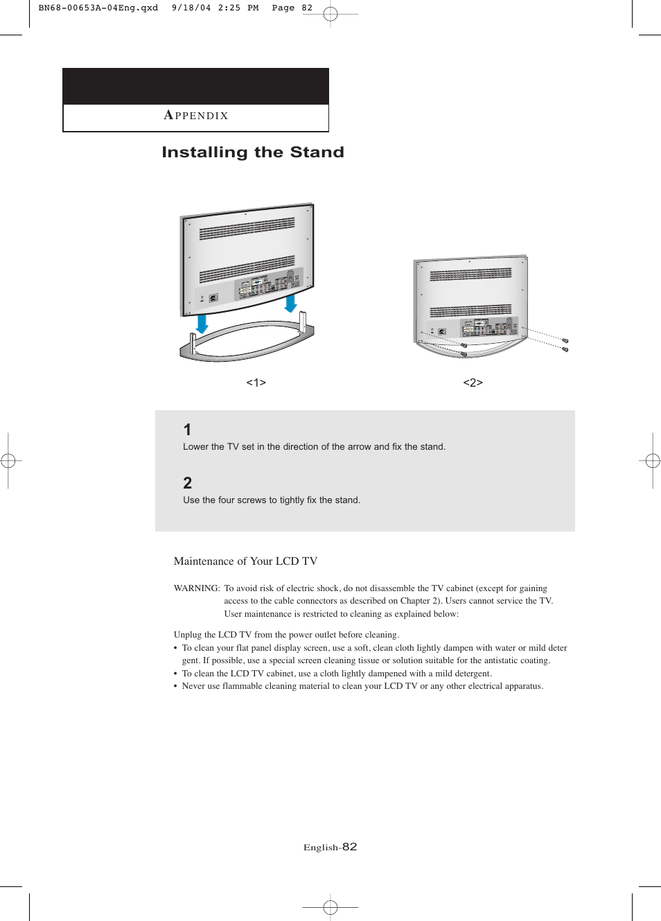 Appendix, Installing the stand | Samsung LTP326WX-XAA User Manual | Page 87 / 91