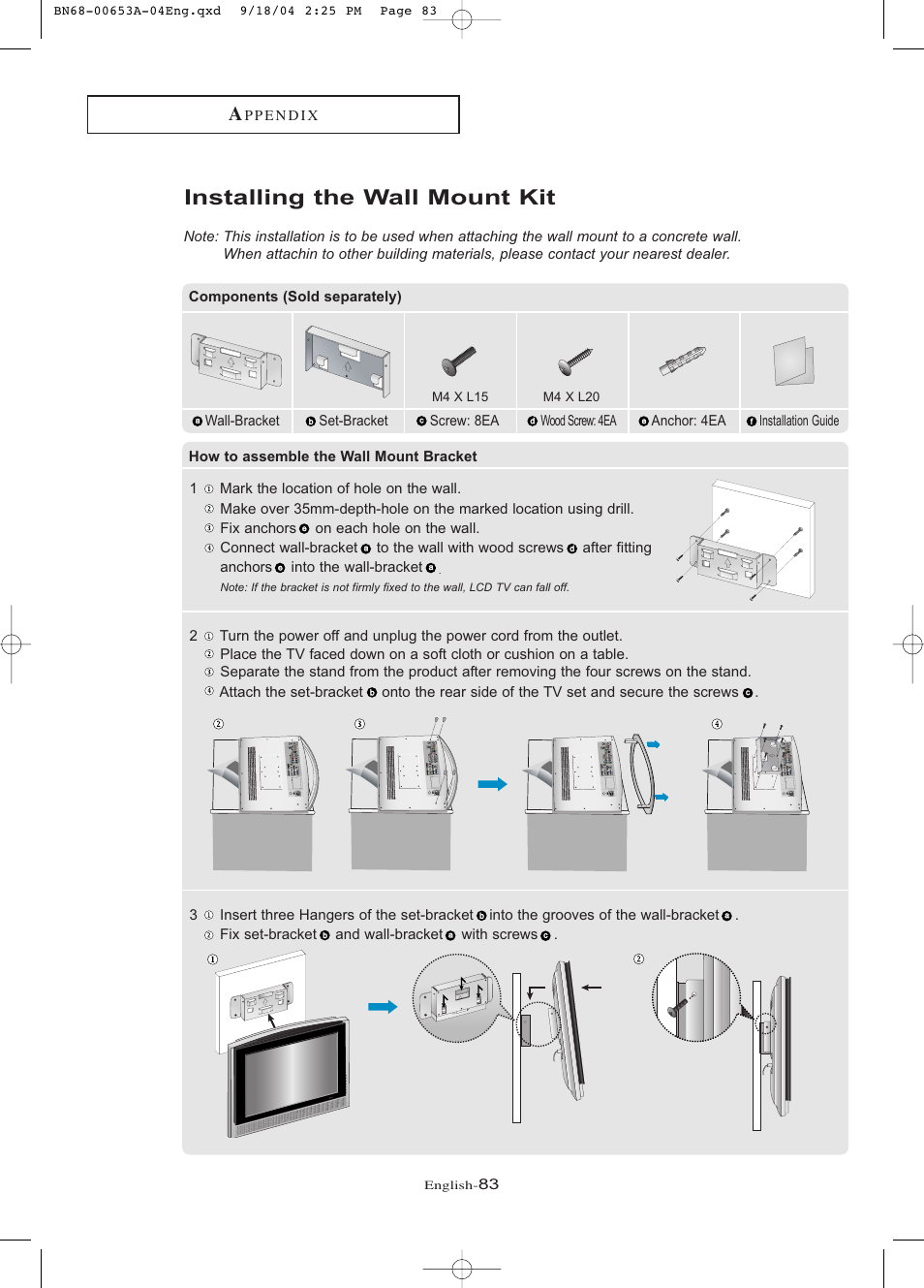Installing the wall mount kit | Samsung LTP326WX-XAA User Manual | Page 88 / 91