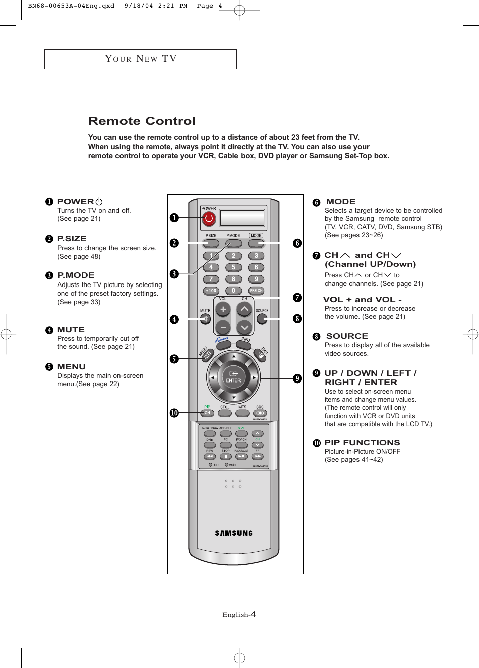 Remote control | Samsung LTP326WX-XAA User Manual | Page 9 / 91