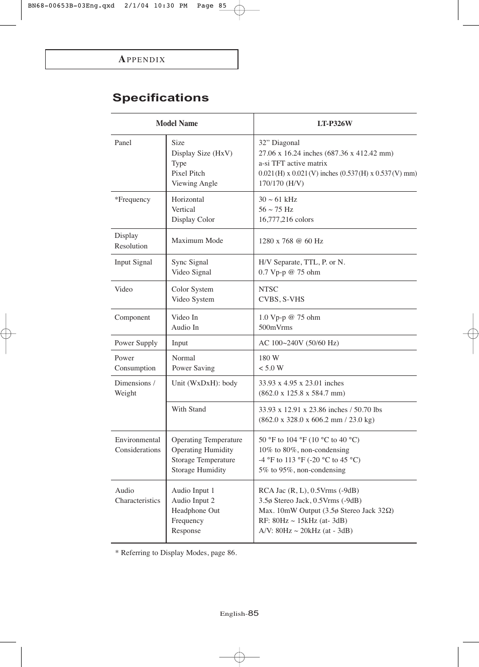 Using your tv in another country, Specifications | Samsung LTP326WX-XAA User Manual | Page 90 / 91