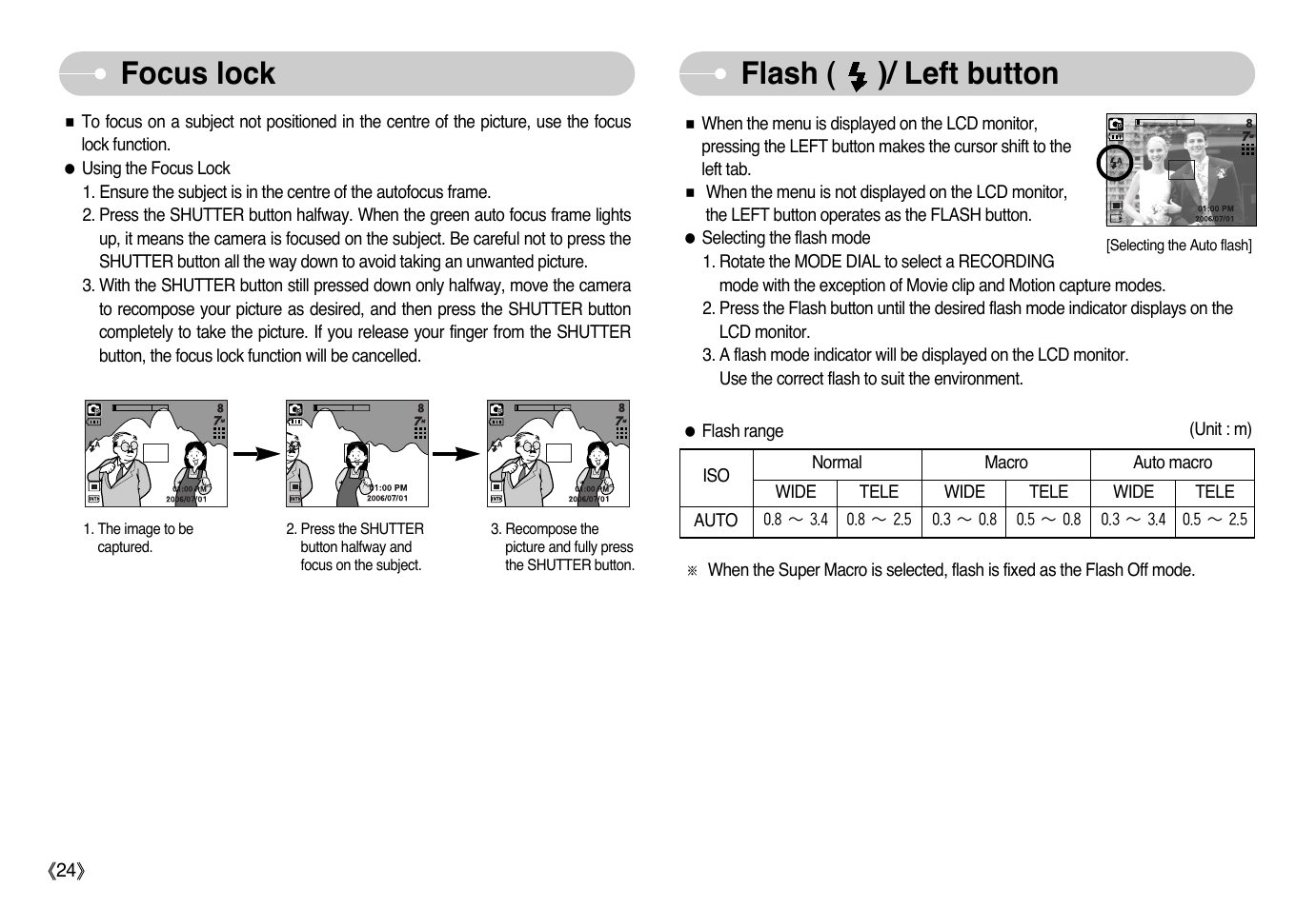 Focus lock, Flash ( )/ left button | Samsung Sensory Pleasure NV3 User Manual | Page 25 / 94