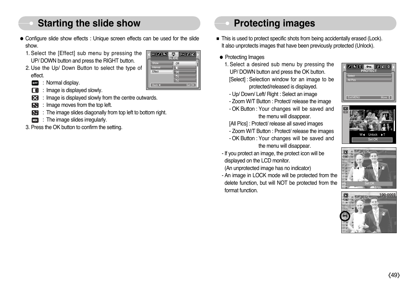 Starting the slide show protecting images | Samsung Sensory Pleasure NV3 User Manual | Page 50 / 94