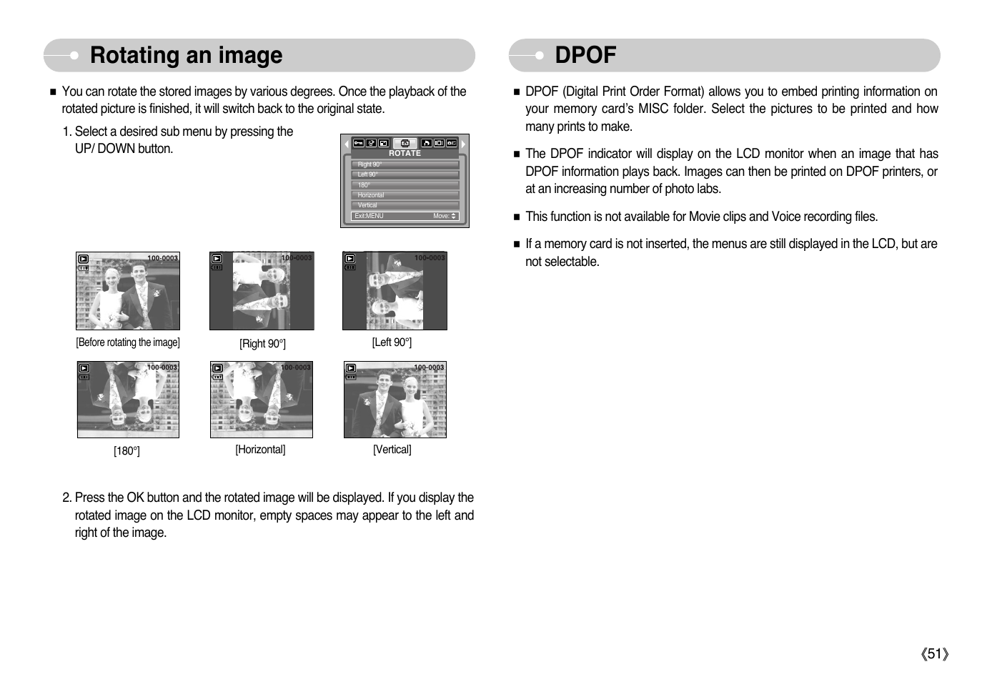 Rotating an image, Dpof | Samsung Sensory Pleasure NV3 User Manual | Page 52 / 94