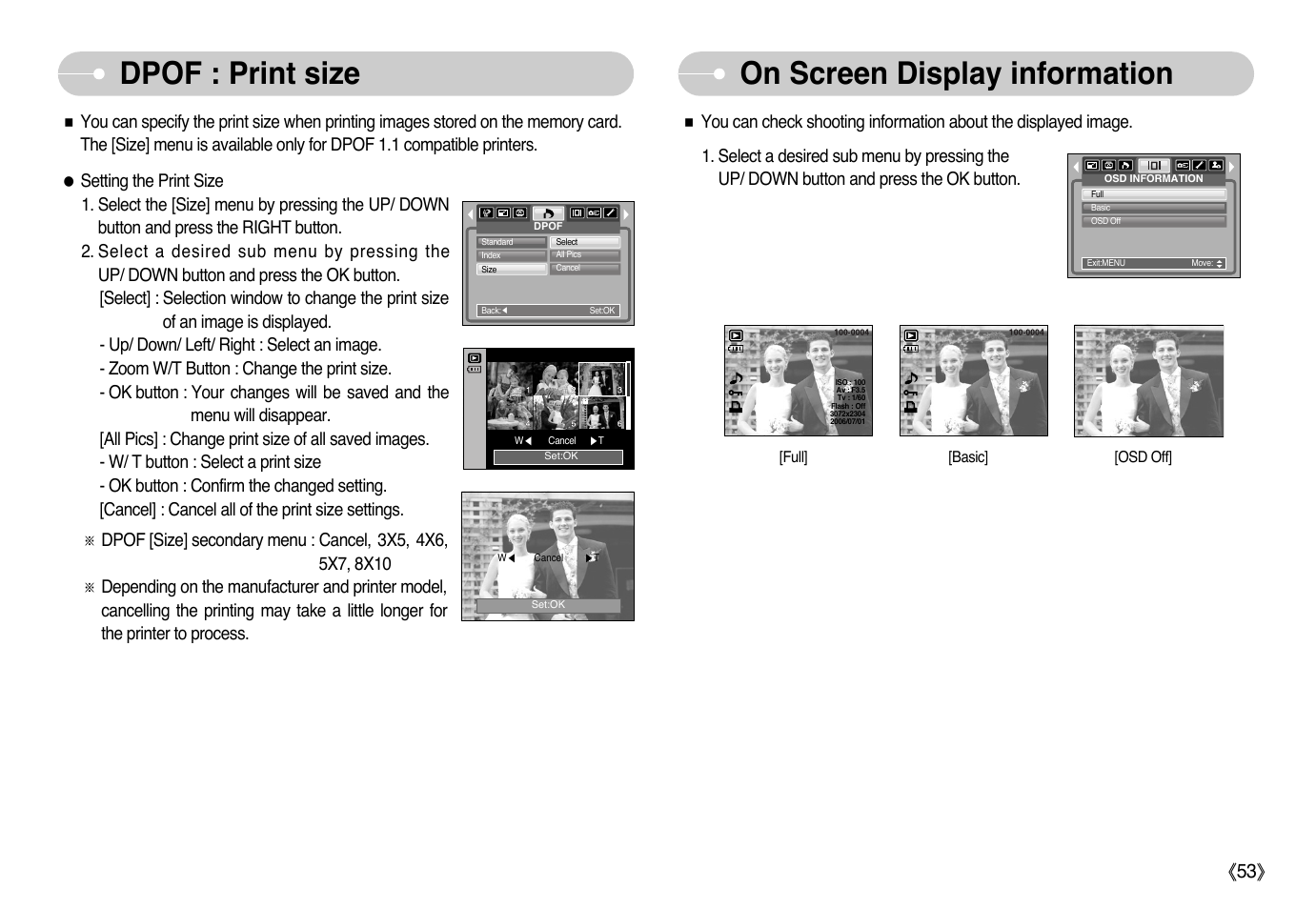 On screen display information, Dpof : print size | Samsung Sensory Pleasure NV3 User Manual | Page 54 / 94