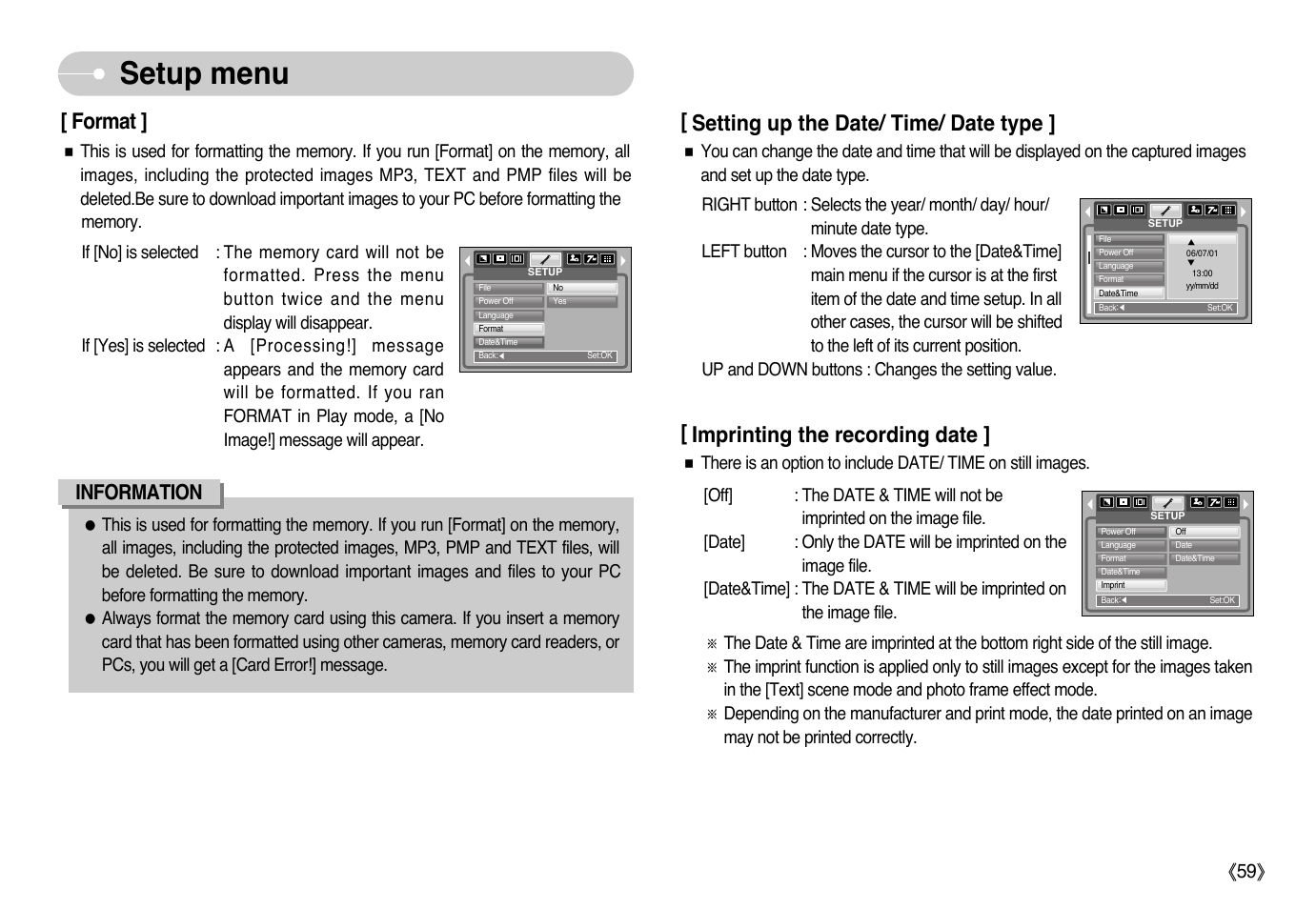 Setup menu, Format, Setting up the date/ time/ date type | Imprinting the recording date, Information | Samsung Sensory Pleasure NV3 User Manual | Page 60 / 94