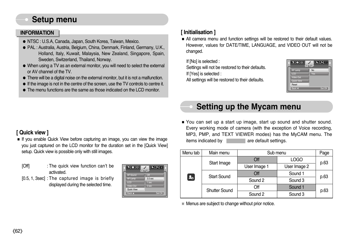 Setting up the mycam menu, Setup menu, Quick view | Initialisation, Information | Samsung Sensory Pleasure NV3 User Manual | Page 63 / 94