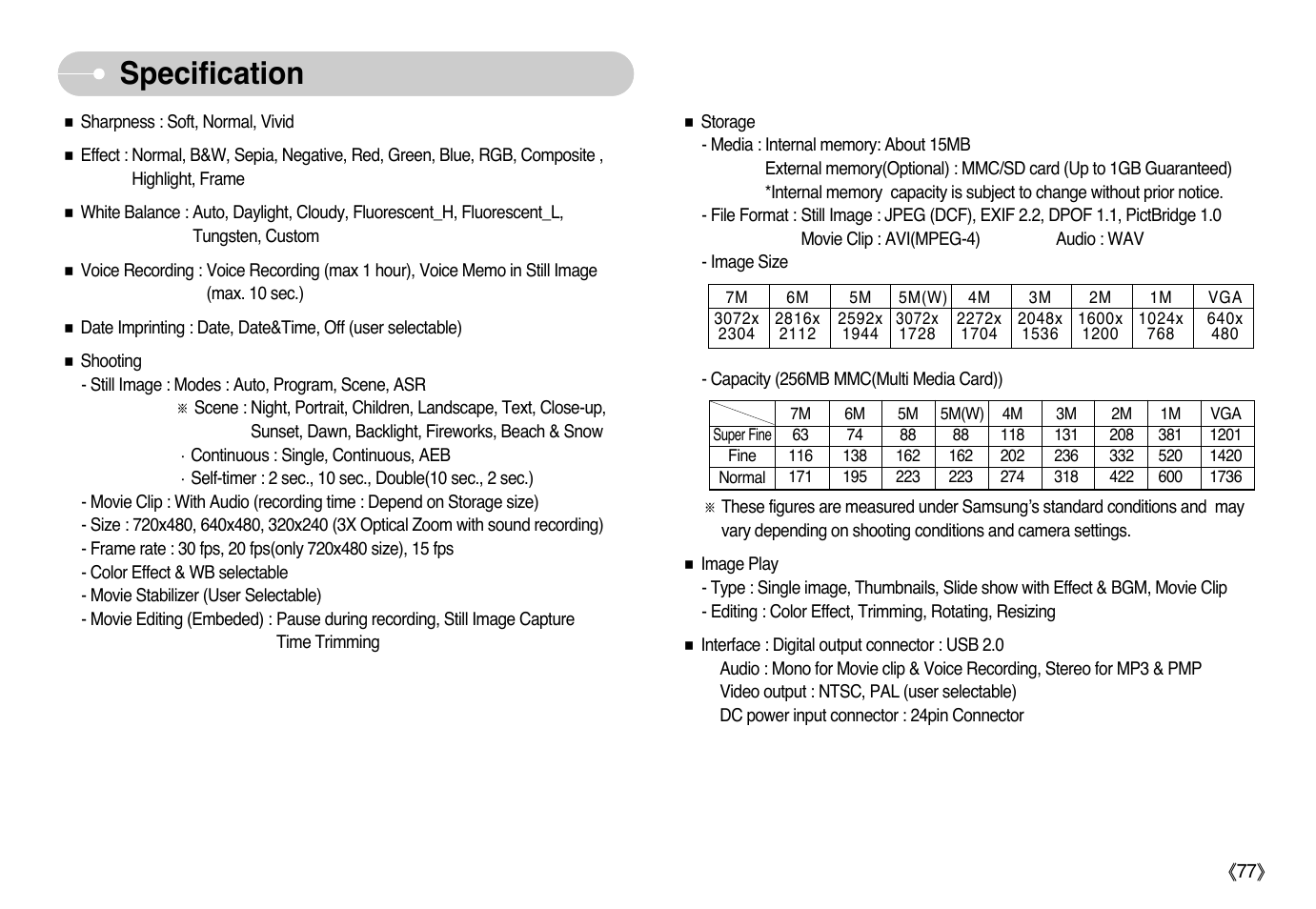 Specification | Samsung Sensory Pleasure NV3 User Manual | Page 78 / 94