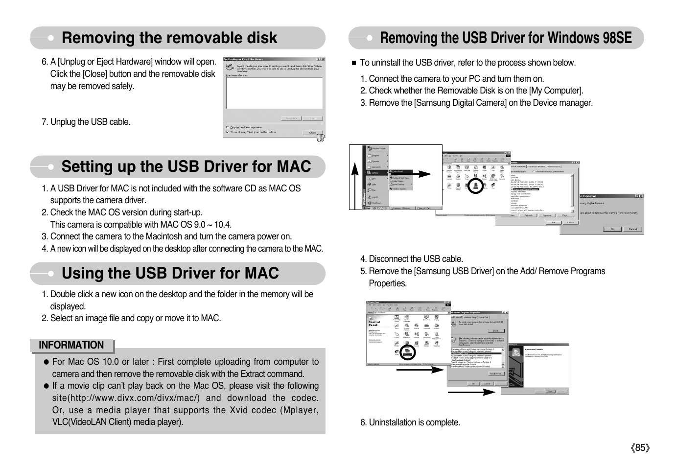 Removing the usb driver for windows 98se | Samsung Sensory Pleasure NV3 User Manual | Page 86 / 94