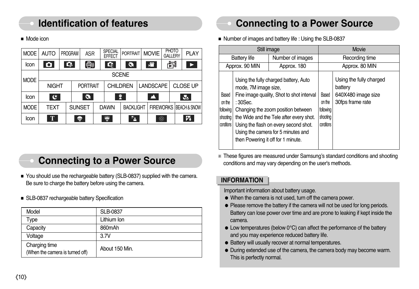 Connecting to a power source, Identification of features | Samsung EC-L73ZZSBA-US User Manual | Page 11 / 78