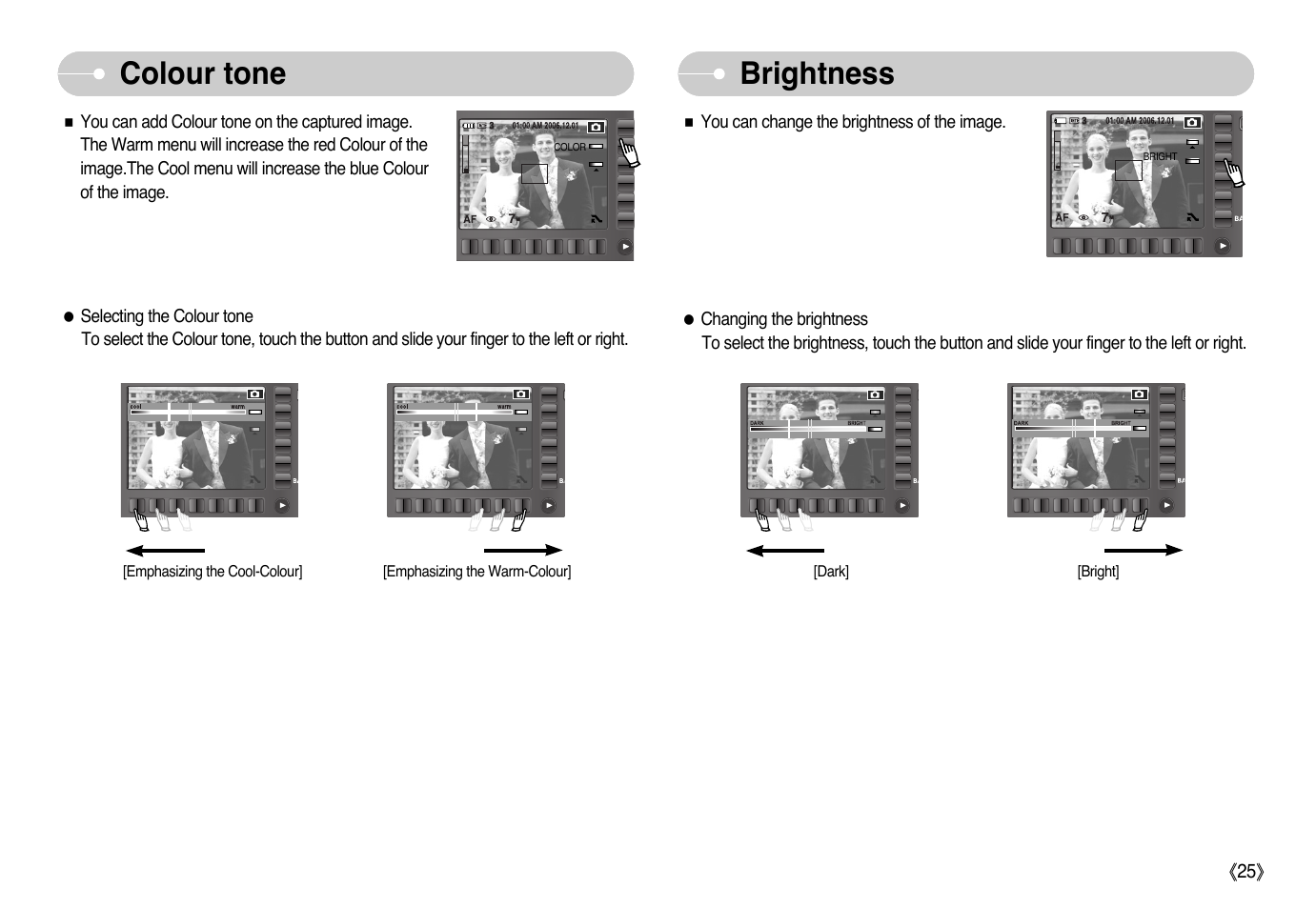 Colour tone, Brightness | Samsung EC-L73ZZSBA-US User Manual | Page 26 / 78